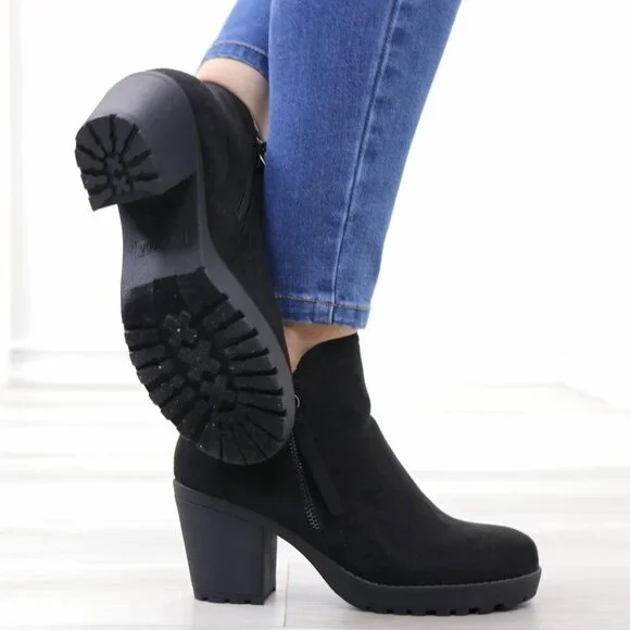Black Chunky Heel Ankle Boots Suede Lug High Heel Booties - Picture 5 of 15